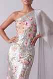 Vestido de madre de la novia con lentejuelas florales plateadas brillantes, un hombro largo, con capa lateral