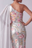 Vestido de madre de la novia con lentejuelas florales plateadas brillantes, un hombro largo, con capa lateral