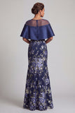 Vestido largo de Madre de la Novia con cuentas de sirena floral azul marino y capa