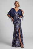 Vestido largo de sirena floral azul marino con capa