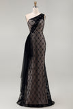 Vestido largo de sirena de un hombro de cuadros negro con volantes