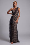 Vestido largo de sirena de un hombro de cuadros negro con volantes