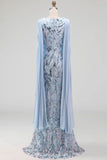 Vestido largo de sirena azul cielo con cuentas y capa