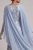 Vestido largo de sirena azul cielo con cuentas y capa