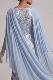 Vestido largo de sirena azul cielo con cuentas y capa