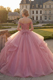Vestido de baile rosa con hombros descubiertos, lentejuelas y lentejuelas Quinceañera