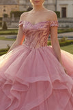 Vestido de baile rosa con hombros descubiertos, lentejuelas y lentejuelas Quinceañera