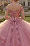 Vestido de baile rosa con hombros descubiertos, lentejuelas y lentejuelas Quinceañera