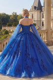 Vestido de gala de Quinceañera con escote halter azul real y mangas capa