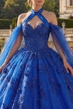 Vestido de gala de Quinceañera con escote halter azul real y mangas capa