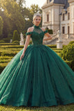 Vestido de bala de quinceañera con purpurina con purpurina verde oscuro y escote halter