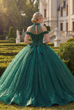 Vestido de bala de quinceañera con purpurina con purpurina verde oscuro y escote halter