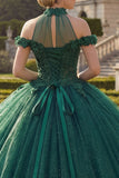 Vestido de bala de quinceañera con purpurina con purpurina verde oscuro y escote halter