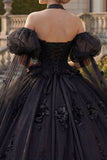 Vestido de gala con escote halter y aplicada con aplicada negra de quinceañera y mangas abombadas