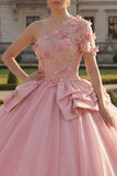 Vestido de gala, vestido rosa de un hombro con aplicada de quinceañera