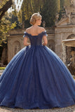 Vestido de baile de la princesa quinceañera con purpurina azul marino y purpurina