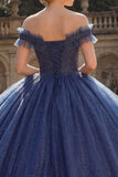 Vestido de baile de la princesa quinceañera con purpurina azul marino y purpurina