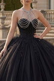 Vestido de gala negro con escote halter, purpurina Princesa Quinceañera