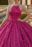Vestido de baile de escote lúcspero fucsia con lentejuelas Quinceañera