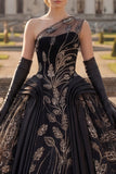 Vestido de baile negro de un solo hombro con aplicada Quinceañera