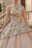 Vestido de baile de champán brillante con lentejuelas de un hombro y lentejuelas Quinceañera