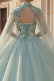 Vestido de baile brillante Sweetheart Sequins Verde menta Vestido de quinceañera con capa