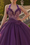 Vestido de bala de Quinceañera con cuello de cuentas y cuello halter, morado oscuro y volantes