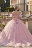 Vestido de baile rosa con escote halter y mangas de quinceañera con flops