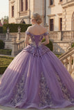 Vestido de gala de hombros descubiertos, vestido morado de quinceañera con apliques, arrugado