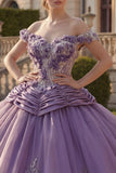 Vestido de gala de hombros descubiertos, vestido morado de quinceañera con apliques, arrugado