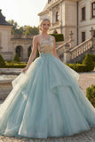 Vestido de gala brillante, vestido de quinceañera azul polvoriento con lentejuelas de un solo hombro y volantes