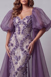 Vestido de certamen de sirenas de manga ahalchada morado con flores en 3D