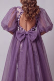 Vestido de certamen de sirenas de manga ahalchada morado con flores en 3D