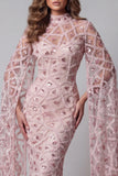 Vestido de certamen de certamen de sirena de cuello alto con lentejuelas y colorete
