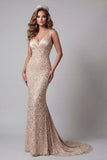Vestido de certamen de sirena con cuello V y lentejuelas champán