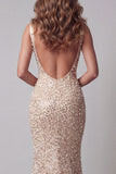 Vestido de certamen de sirena con cuello V y lentejuelas champán