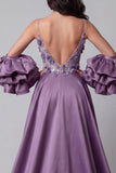 Vestido de concurso de belleza con tirantes finos de sirena morado y brillante, largo floral con cuentas