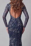 Vestido de certamen brillante azul marino azul marino con espalda abierta y cuello alto, sirena con cuentas y cuentas