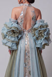 Vestido largo largo de concurso floral con volantes de champán y sirena champán con brillante capa