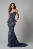 Vestido largo brillante azul marino sirena de hombros fríos con cuentas