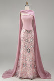 Vestido de certamen floral largo de sirena rosa brillante con alfiles, con cuentas,