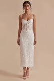 Vestido de graduación Corsé Midi bodycon de encaje blanco con tirantes finos