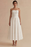 Vestido de novia blanco A Line Maxi Beach, sin tirantes y fruncidos