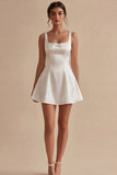 Vestido de graduación corto de cuello cuadrado blanco de cuello cuadrado A Line