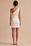 Vestido de graduación blanco de un solo hombro, bodycon fruncido y abertura