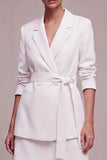 Vestido de negocios corto de dos piezas, de solapa blanca con solapa y cruzado, con cinturón