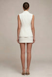 Vestido de negocios blanco corto, de dos piezas, solapa muesca, ajustado y pecho simple