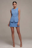 Vestido de negocios azul acero de dos piezas, cuello redondo, corto, pecho simple