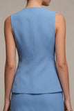 Vestido de negocios azul acero de dos piezas, cuello redondo, corto, pecho simple