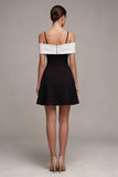 Vestido de cóctel en línea A con hombro frío en blanco y negro con lazo